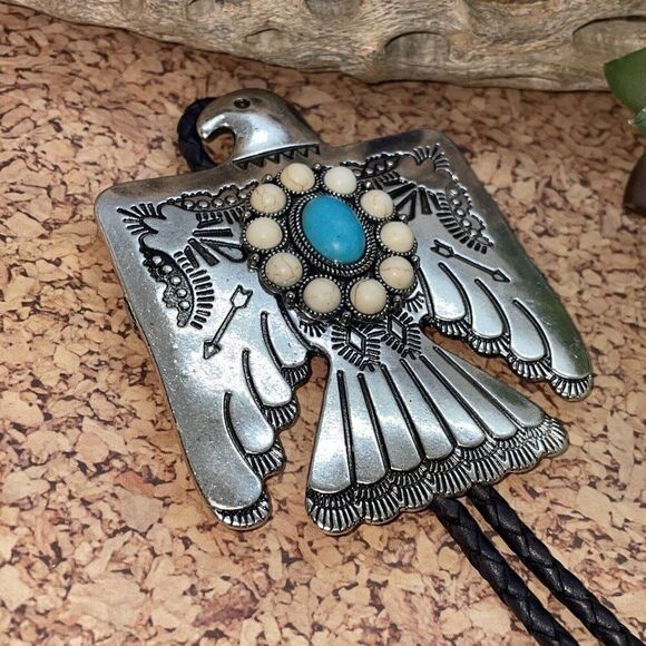 Unique Thunderbird T-Bird White Blue Turquoise Concho Lariat Bolo Tie Wedding - Picture 11 of 16